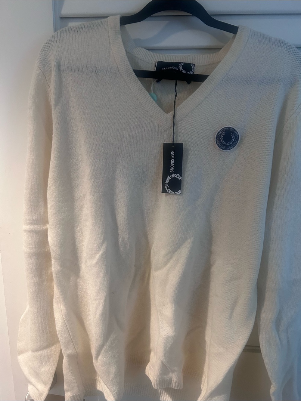 Raf Simons Men's Cream V-Neck Knit Sweater with Patch